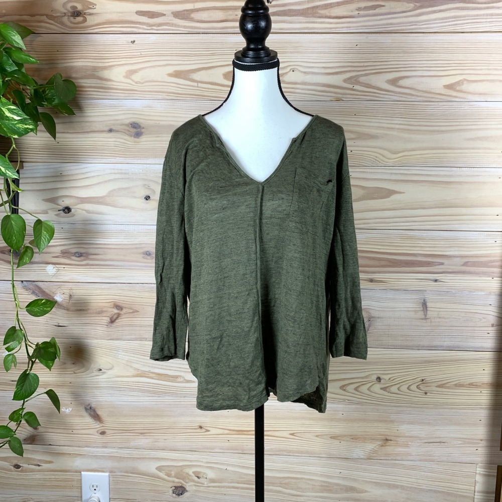 Bordeaux Linen Top Women‎ L Tee Olive V-Neck 3/4 Sleeve Relaxed Lagenlook Shirt
